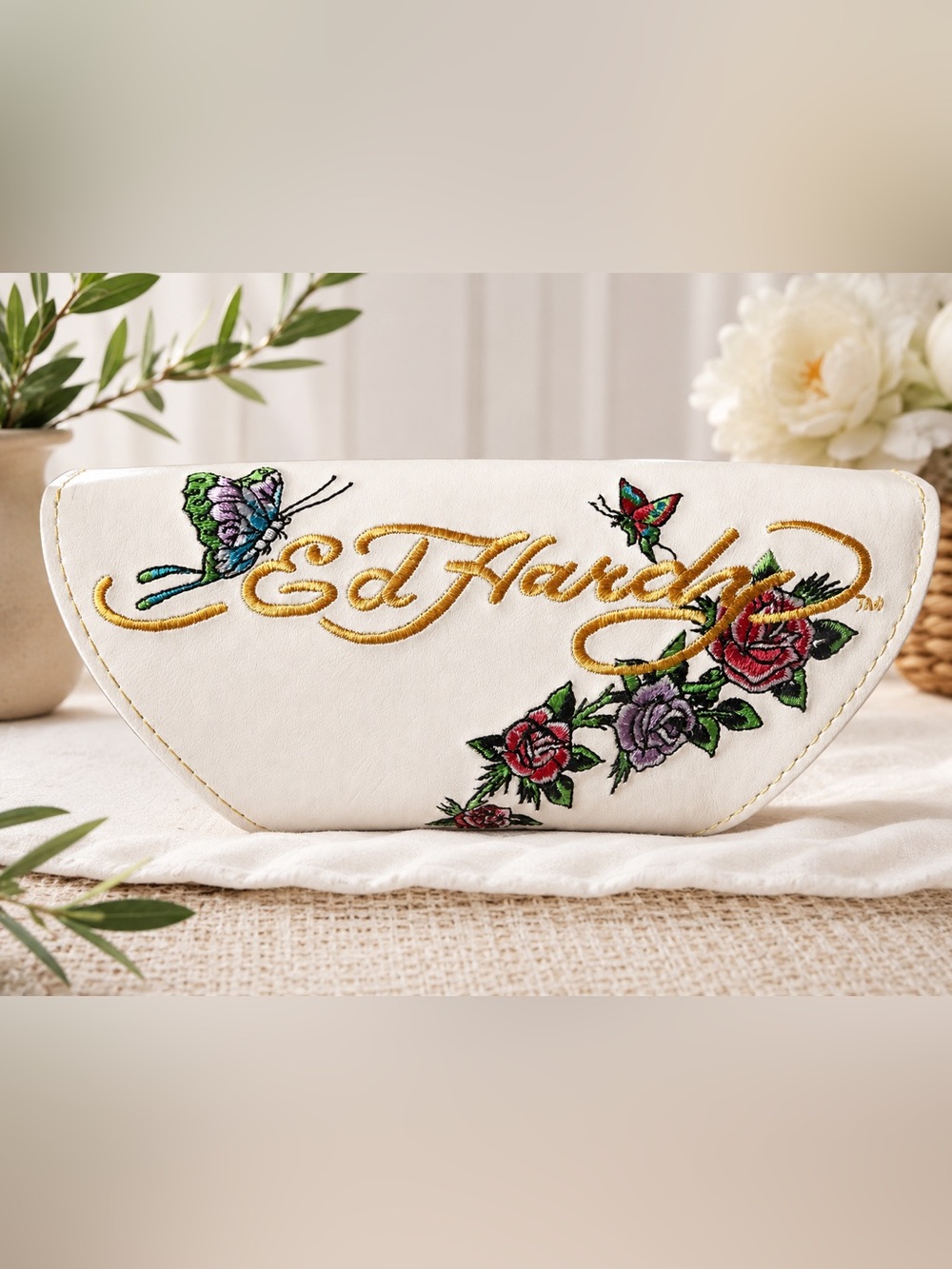 Ed Hardy White Floral Embroidered Sunglasses Case